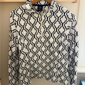 Lands End Youth White and Navy Patterned Quarter-Zip Pullover